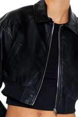Cropped Faux Leather Bomber Jacket