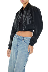 Cropped Faux Leather Bomber Jacket