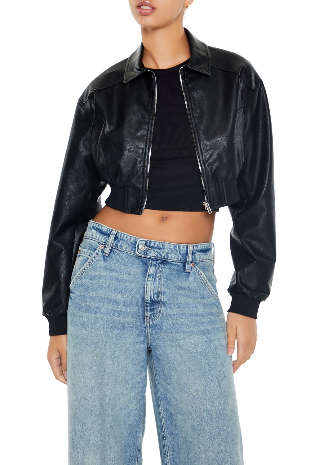 Cropped Faux Leather Bomber Jacket