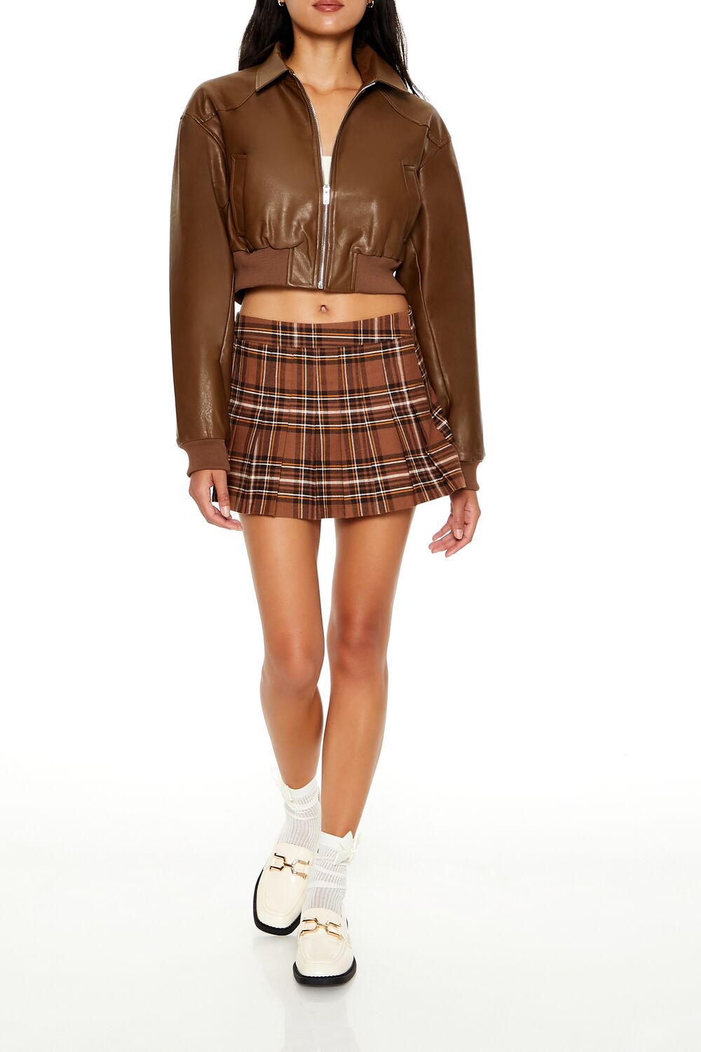 Cropped Faux Leather Bomber Jacket