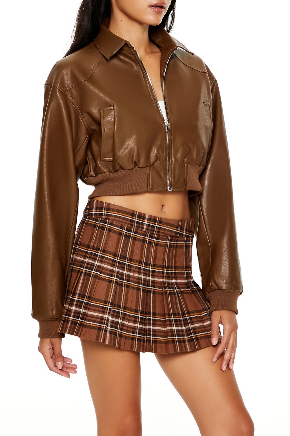 Cropped Faux Leather Bomber Jacket