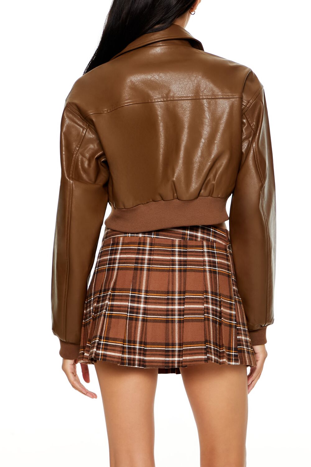 Cropped Faux Leather Bomber Jacket