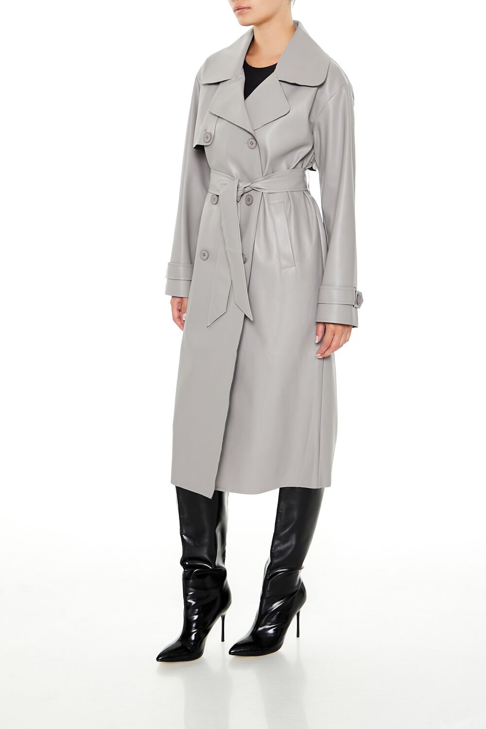 Faux Leather Notched Trench Coat