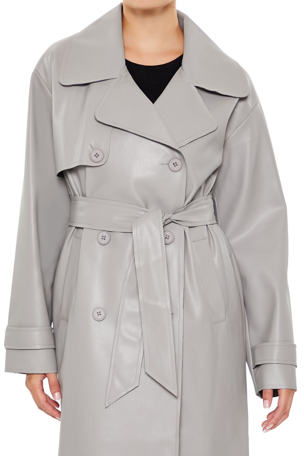 Faux Leather Notched Trench Coat