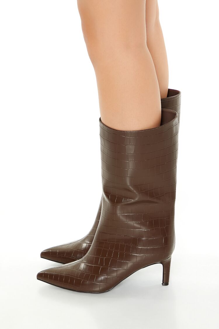 Faux Croc Pointed-Toe Boots