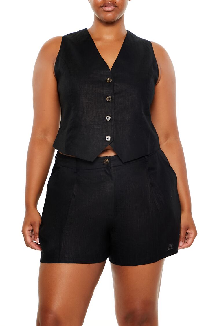 Plus Size Linen-Blend Vest & Shorts Set