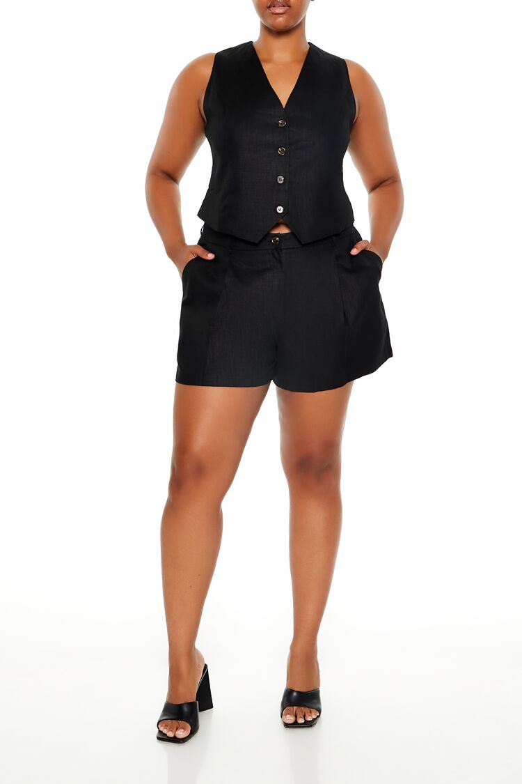 Plus Size Linen-Blend Vest & Shorts Set
