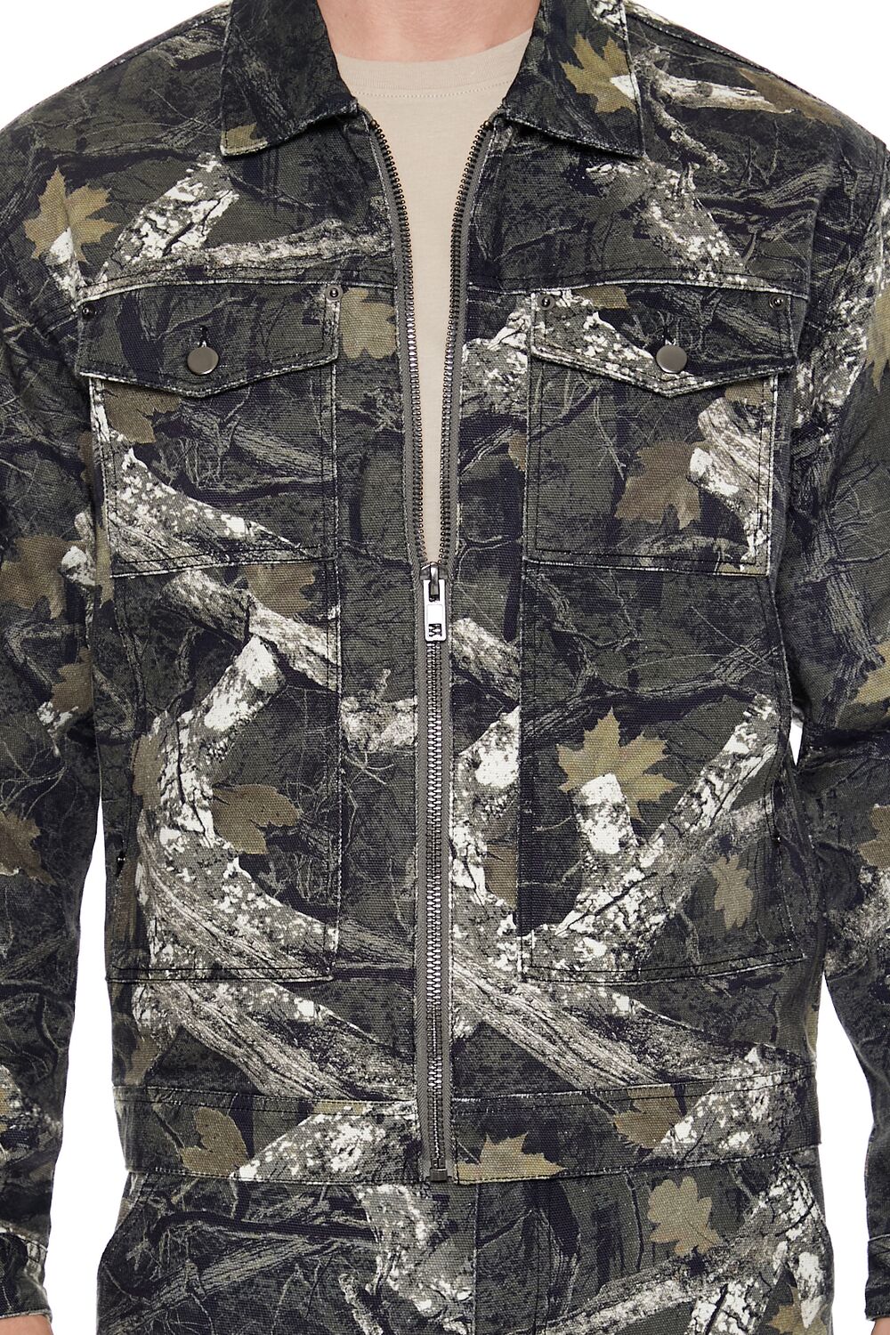 Leaf Print Zip-Up Trucker Jacket