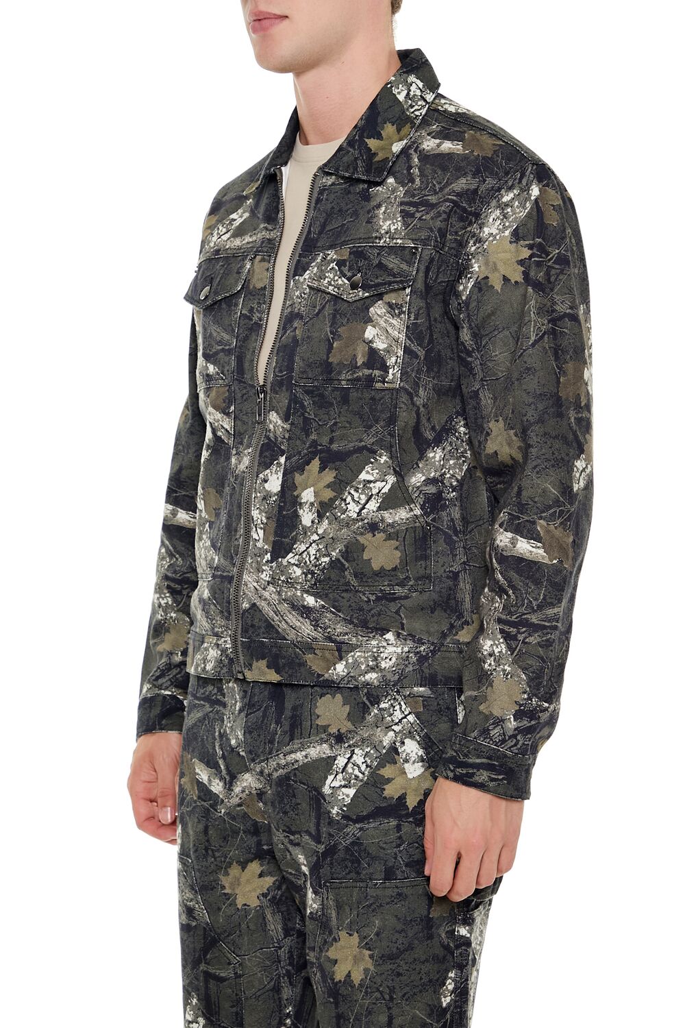 Leaf Print Zip-Up Trucker Jacket