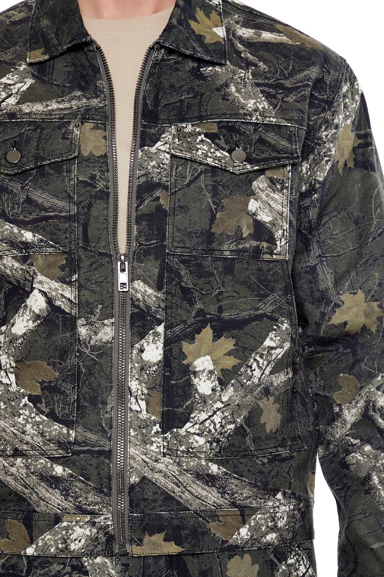 Leaf Print Zip-Up Trucker Jacket
