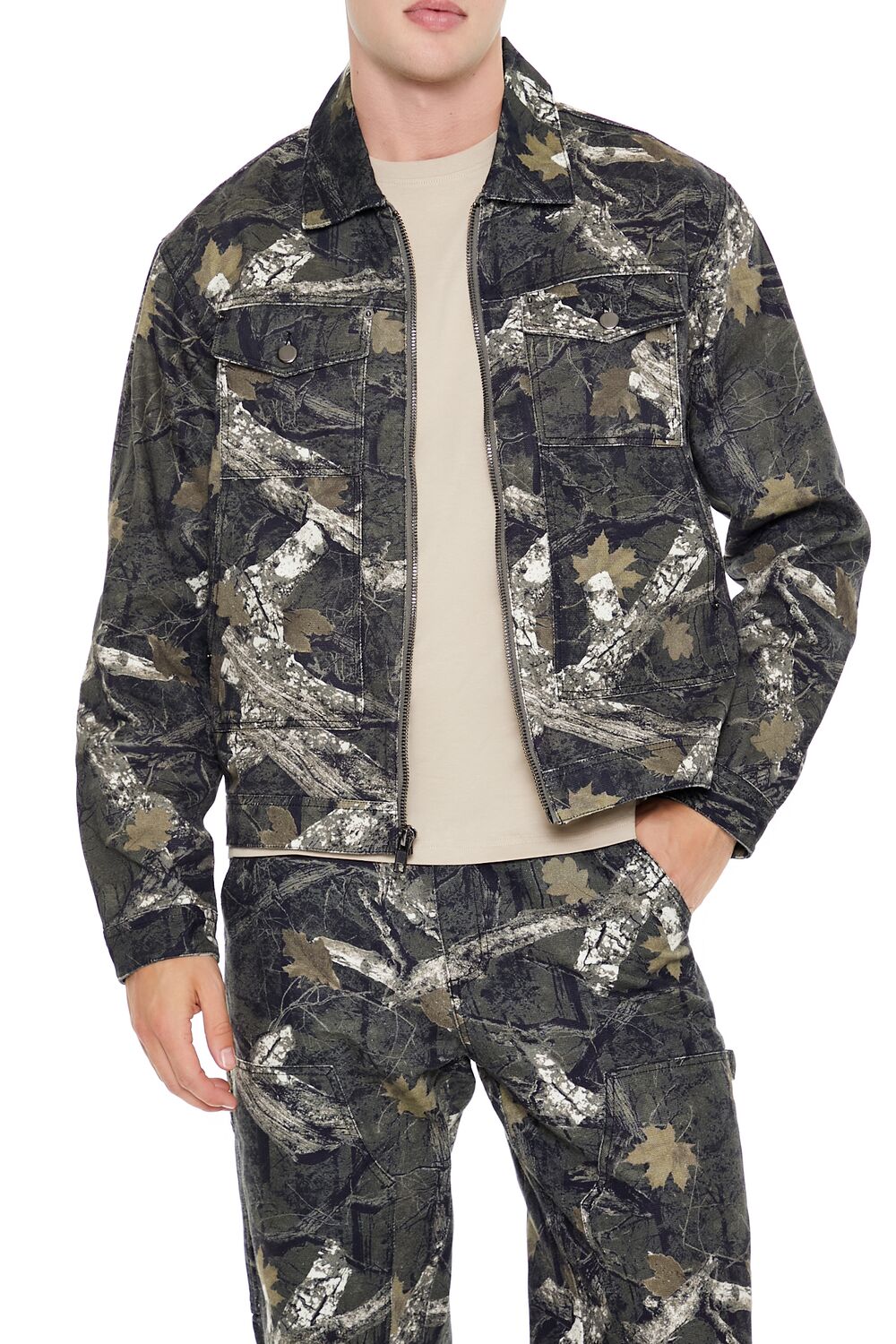 Leaf Print Zip-Up Trucker Jacket