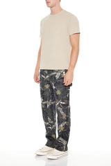 Leaf Print Mid-Rise Straight Pants