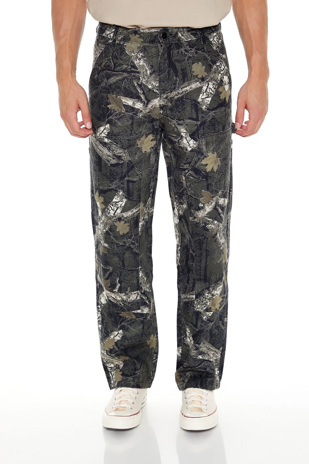 Leaf Print Mid-Rise Straight Pants