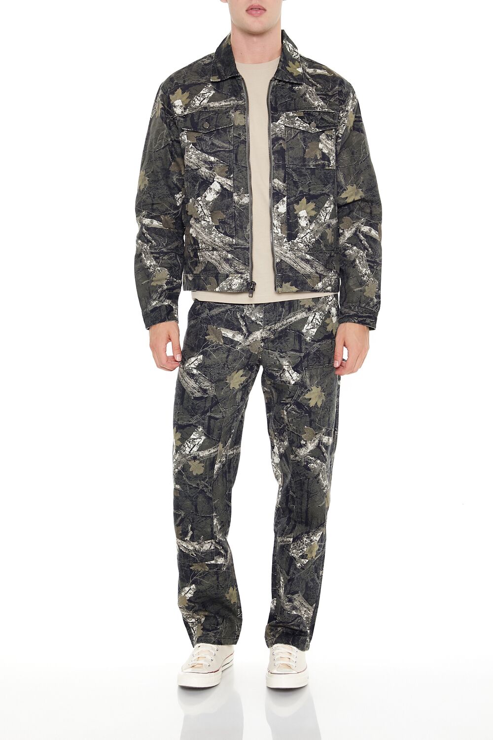 Leaf Print Mid-Rise Straight Pants