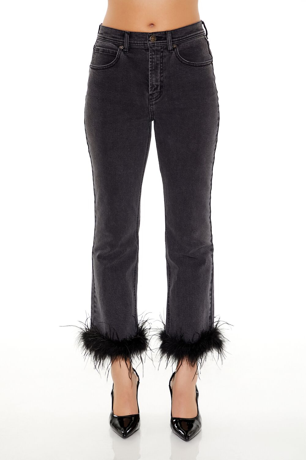Faux Feather-Trim Ankle Jeans