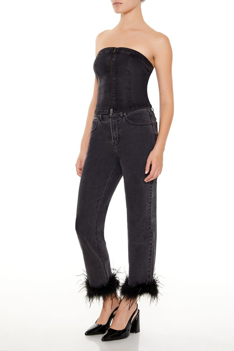 Faux Feather-Trim Ankle Jeans