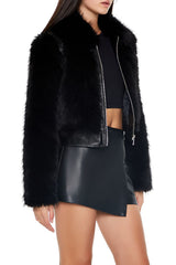 Faux Fur-Trim Zip-Up Jacket