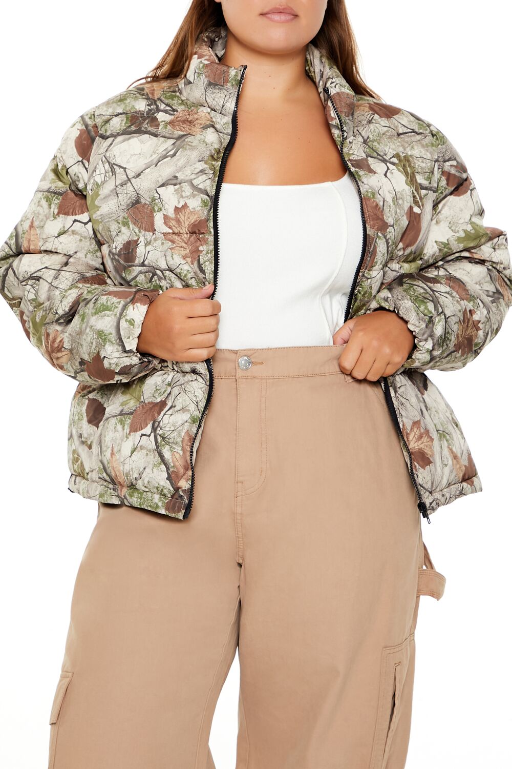 Plus Size Leaf Print Puffer Jacket
