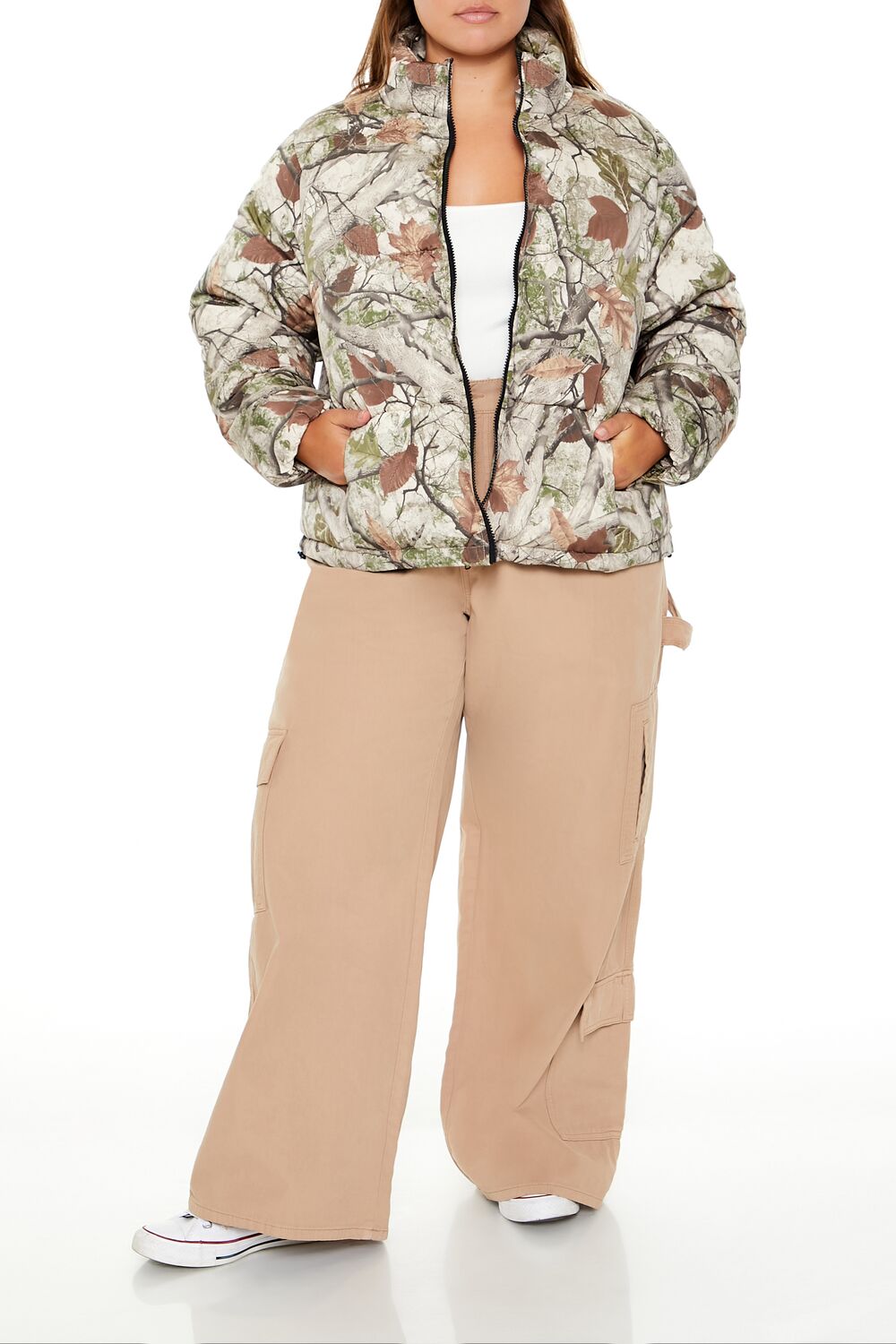 Plus Size Leaf Print Puffer Jacket