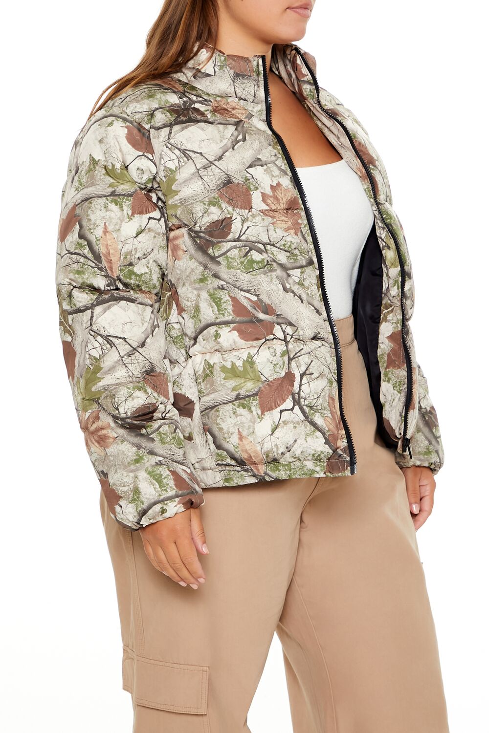Plus Size Leaf Print Puffer Jacket