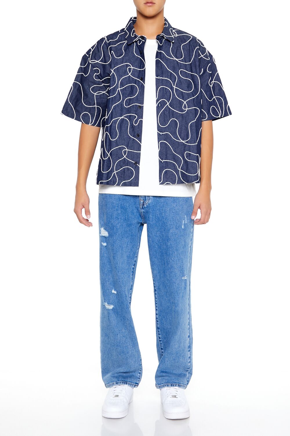 Cropped Chain-Stitched Embroidered Shirt