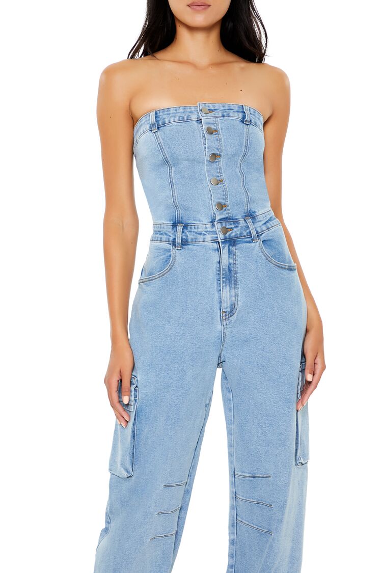 Strapless Denim Cargo Jumpsuit