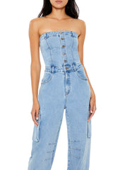 Strapless Denim Cargo Jumpsuit