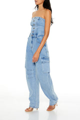 Strapless Denim Cargo Jumpsuit