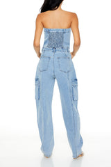 Strapless Denim Cargo Jumpsuit