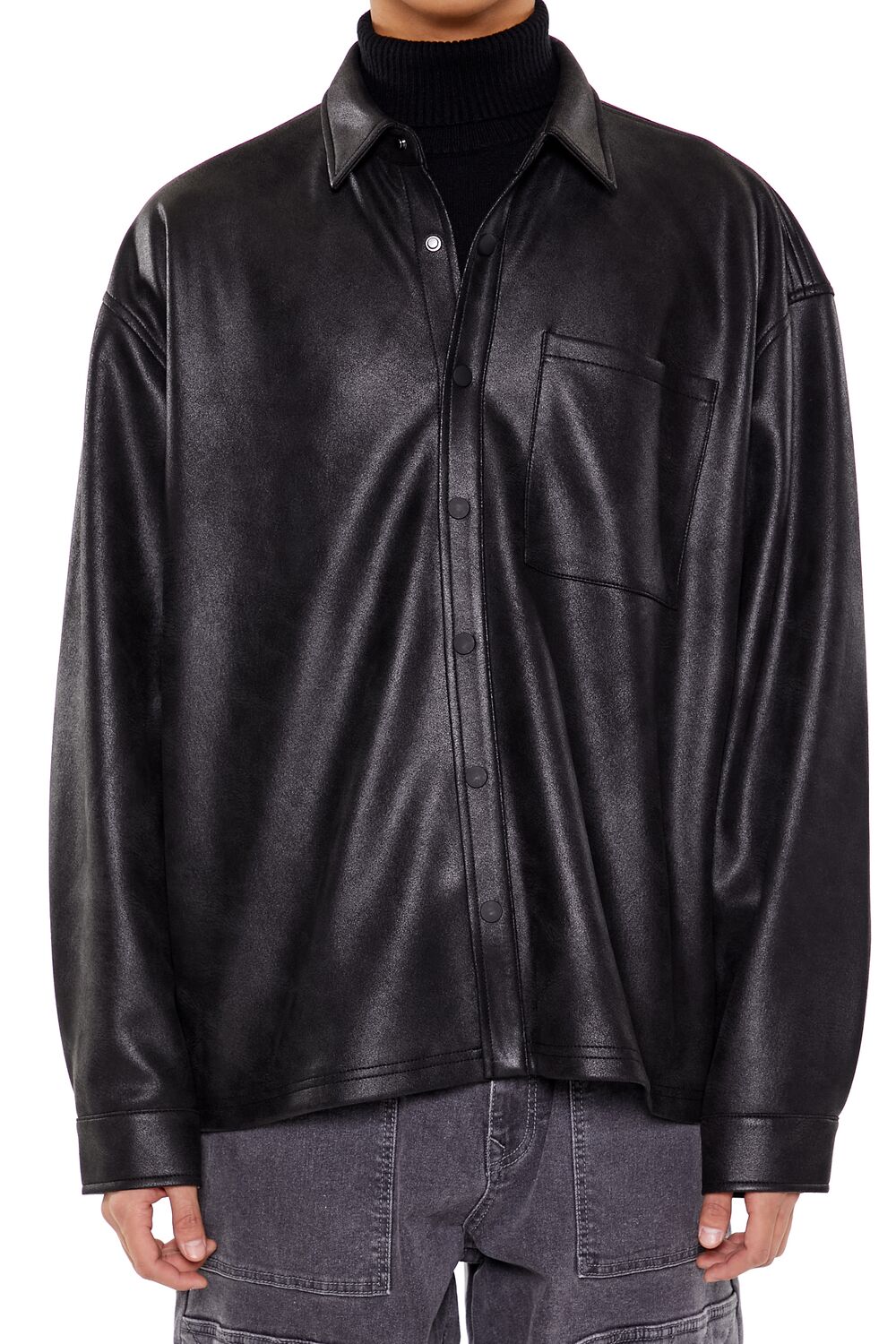 Faux Leather Button-Front Shirt