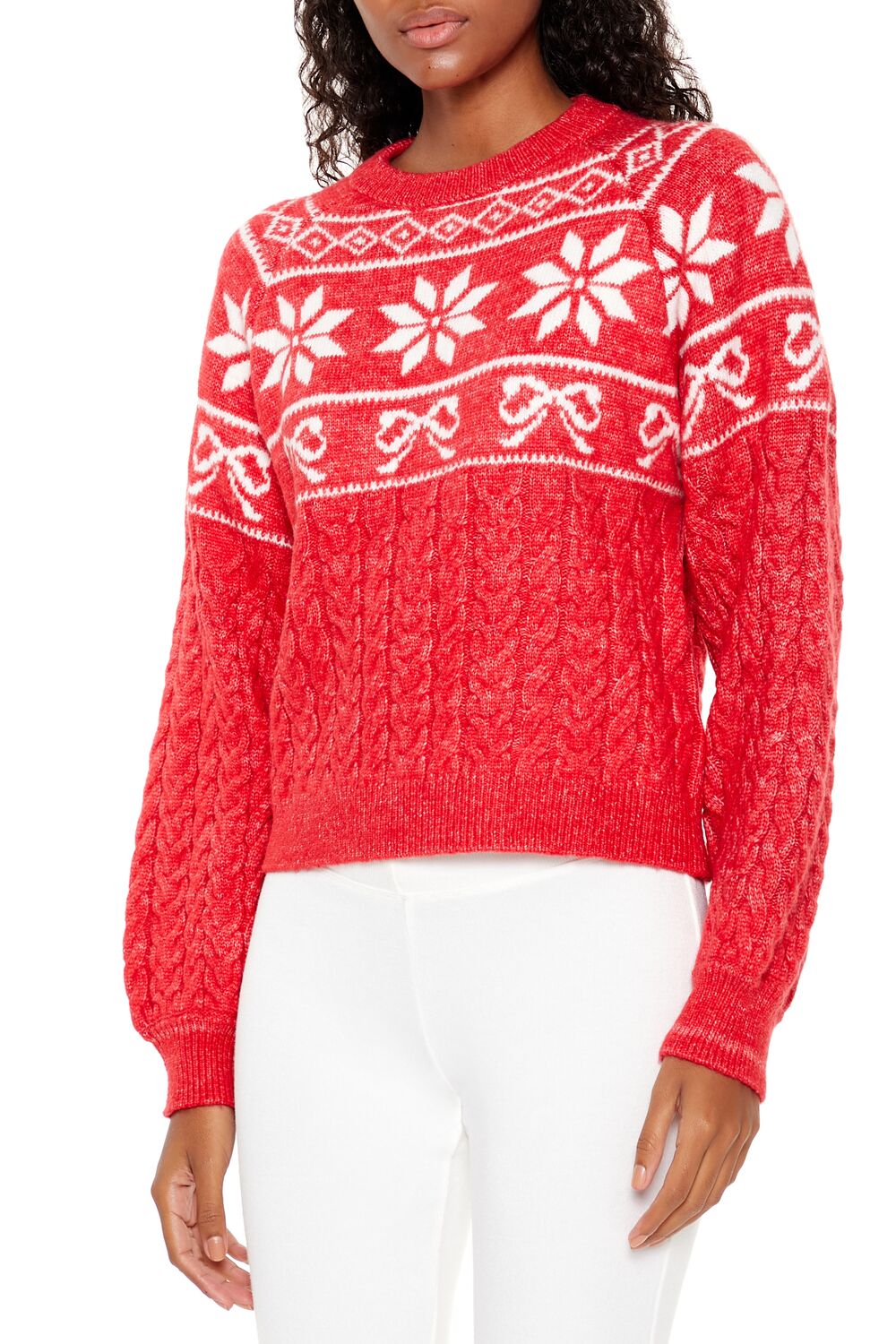 Fair Isle Bow Cable Knit Sweater