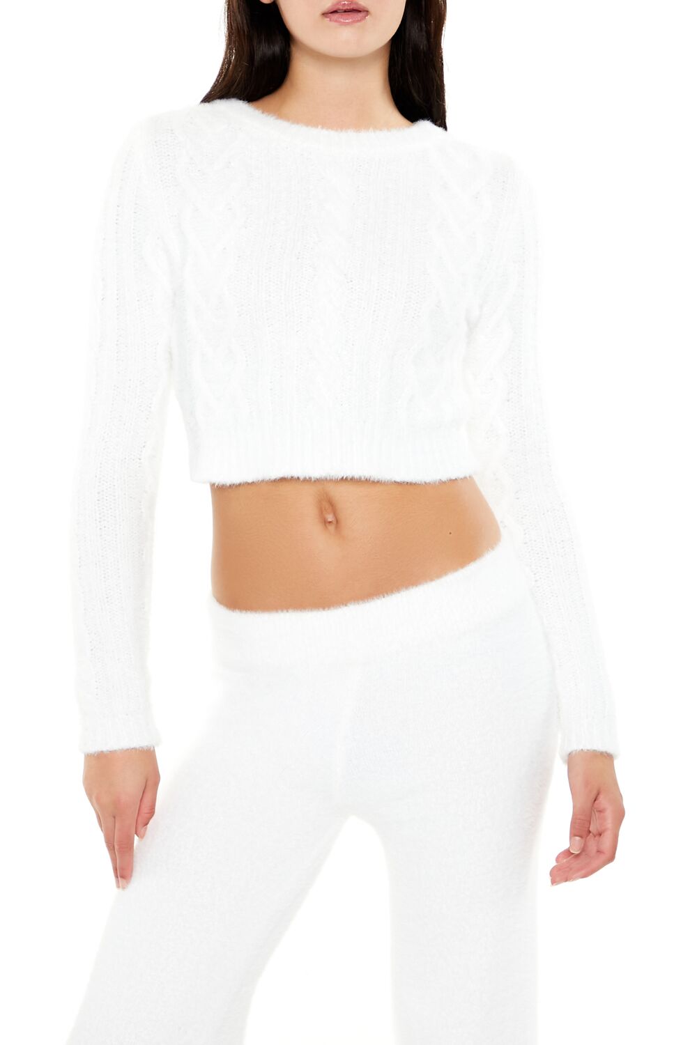 Fuzzy Cable Knit Cropped Sweater