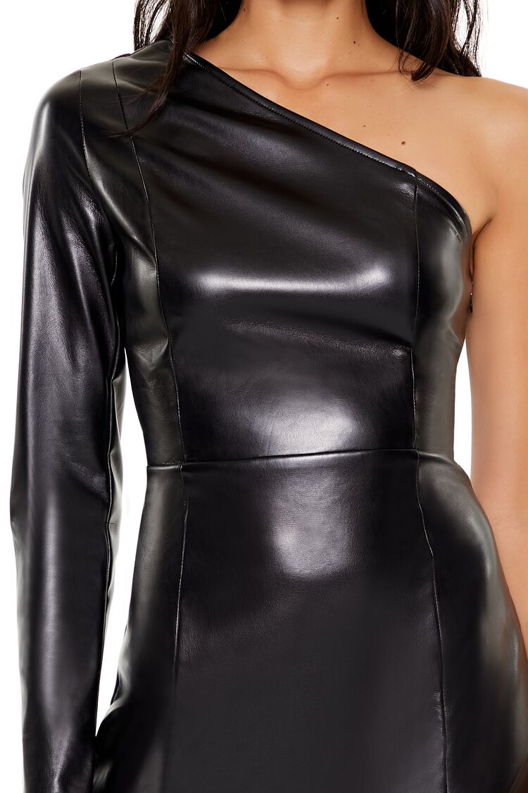 Faux Leather One-Shoulder Mini Dress