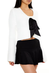Bow Fuzzy Knit Cardigan Sweater