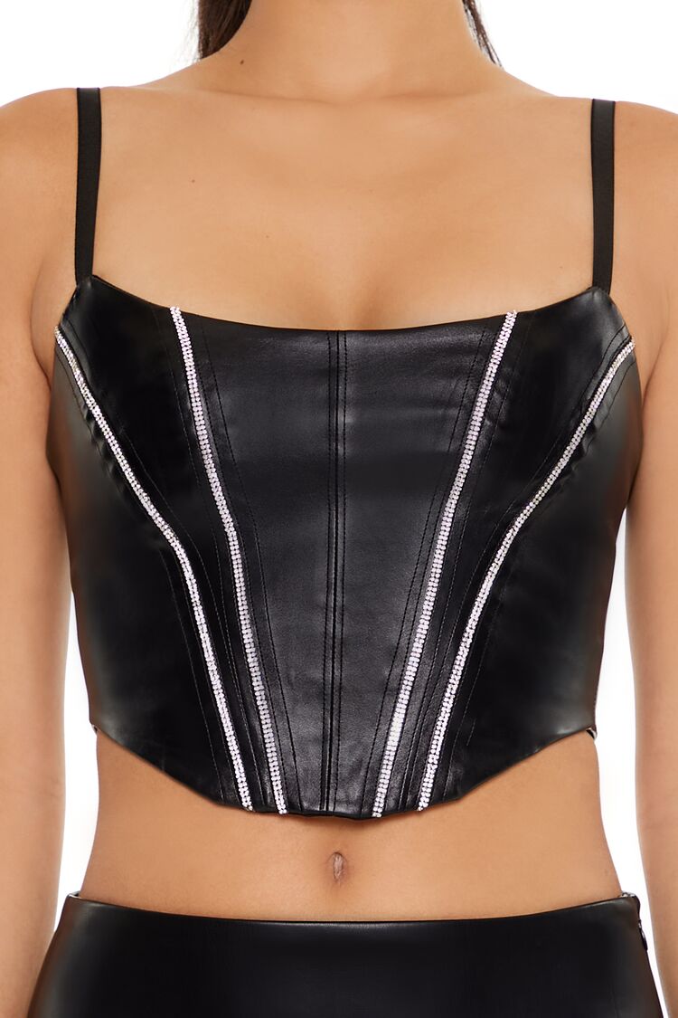 Rhinestone Faux Leather Bustier Cami