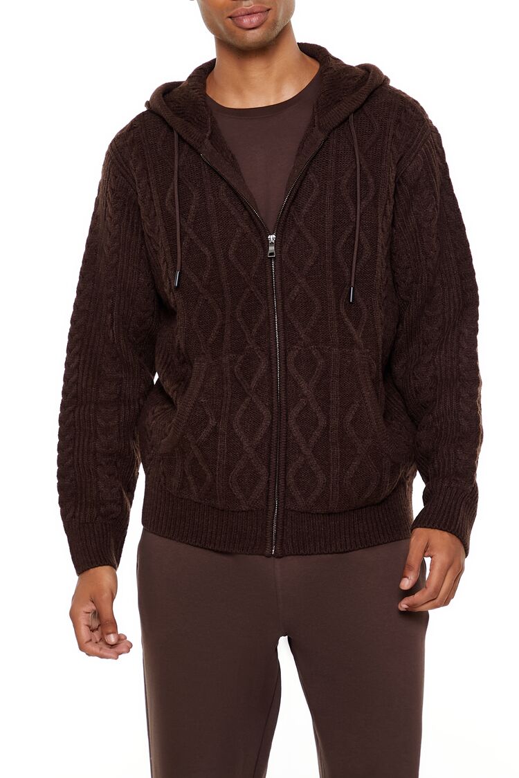 Hooded Cable Knit Zip-Up Sweater