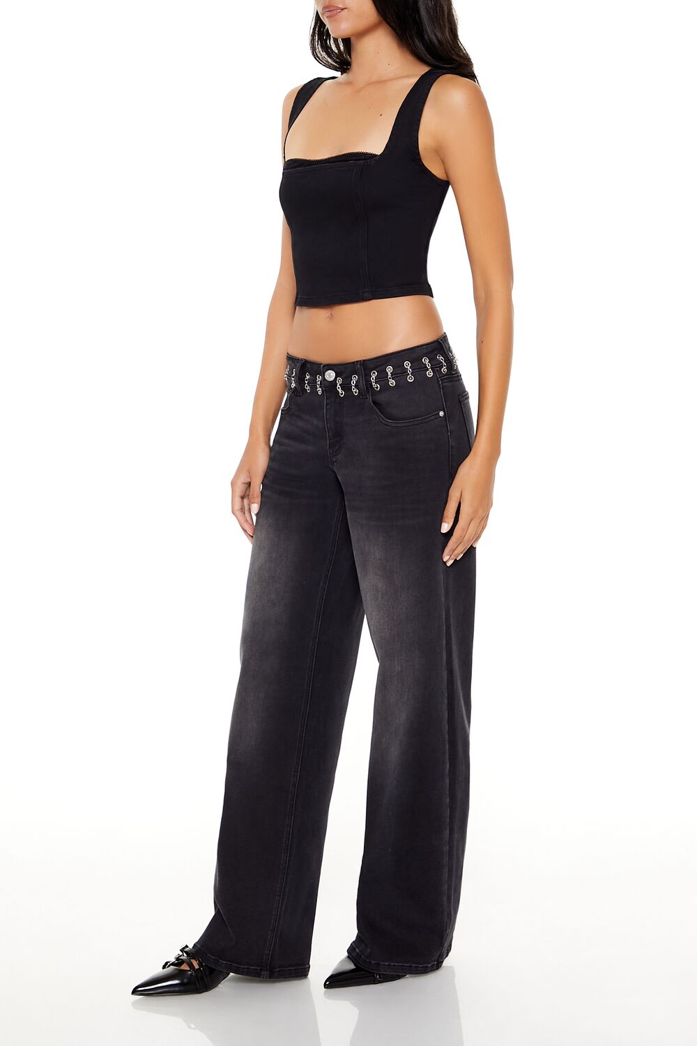 Chain-Trim Low-Rise Baggy Jeans