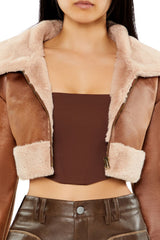 Faux Fur-Trim Cropped Moto Jacket