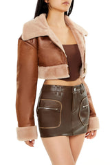Faux Fur-Trim Cropped Moto Jacket