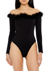 Faux Feather-Trim Off-the-Shoulder Bodysuit