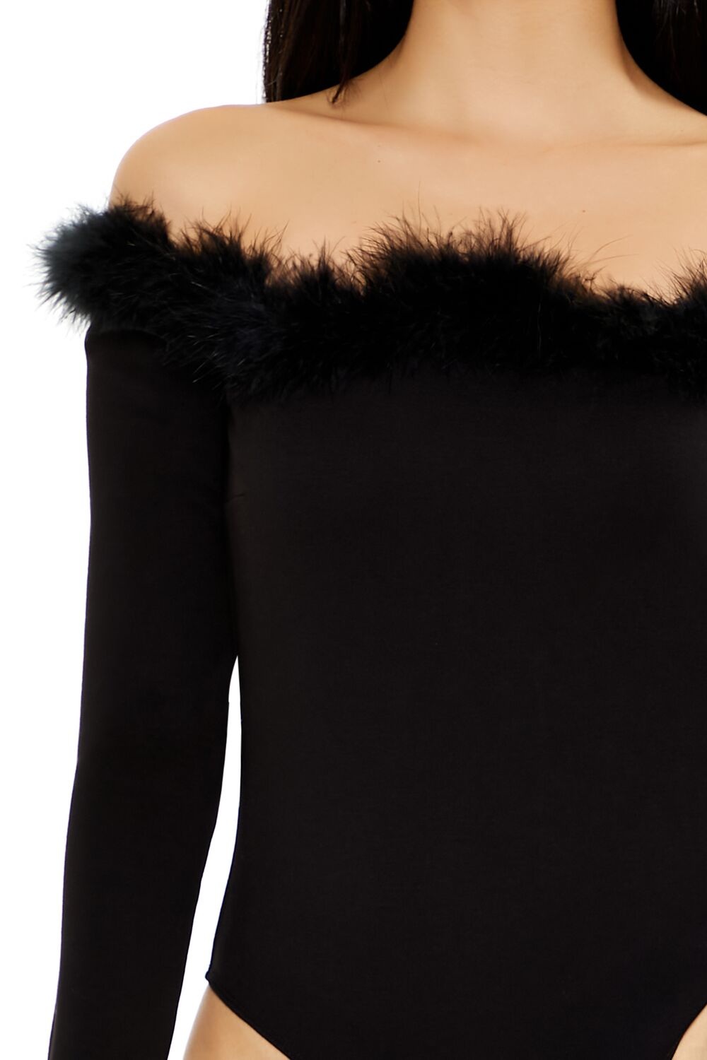 Faux Feather-Trim Off-the-Shoulder Bodysuit
