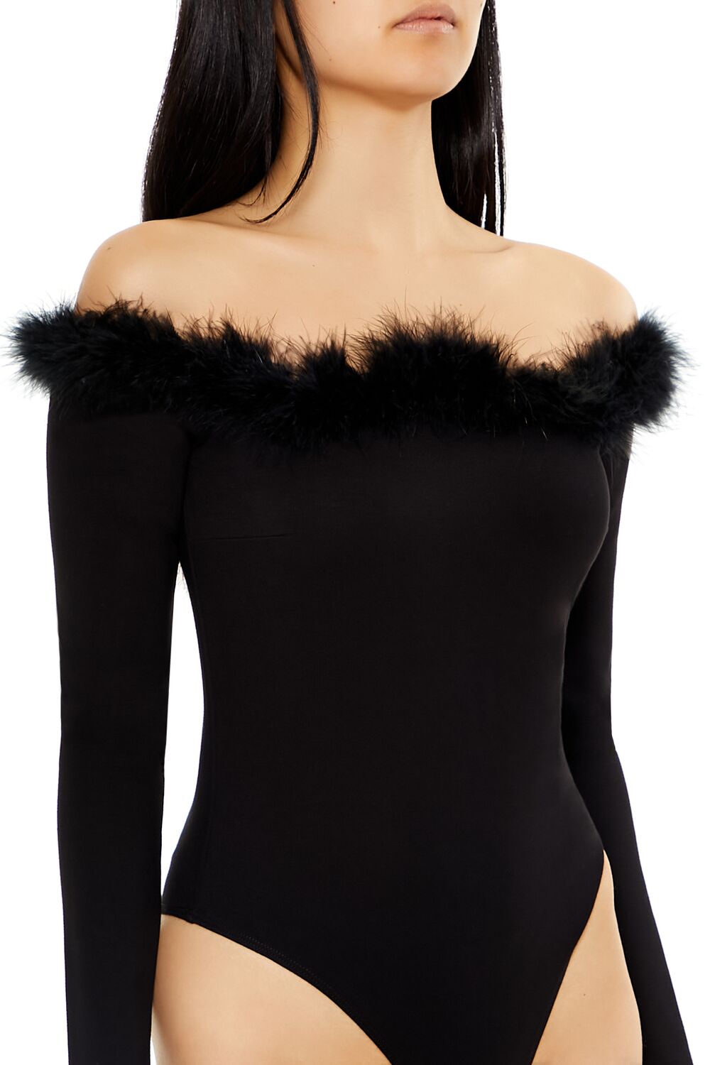Faux Feather-Trim Off-the-Shoulder Bodysuit