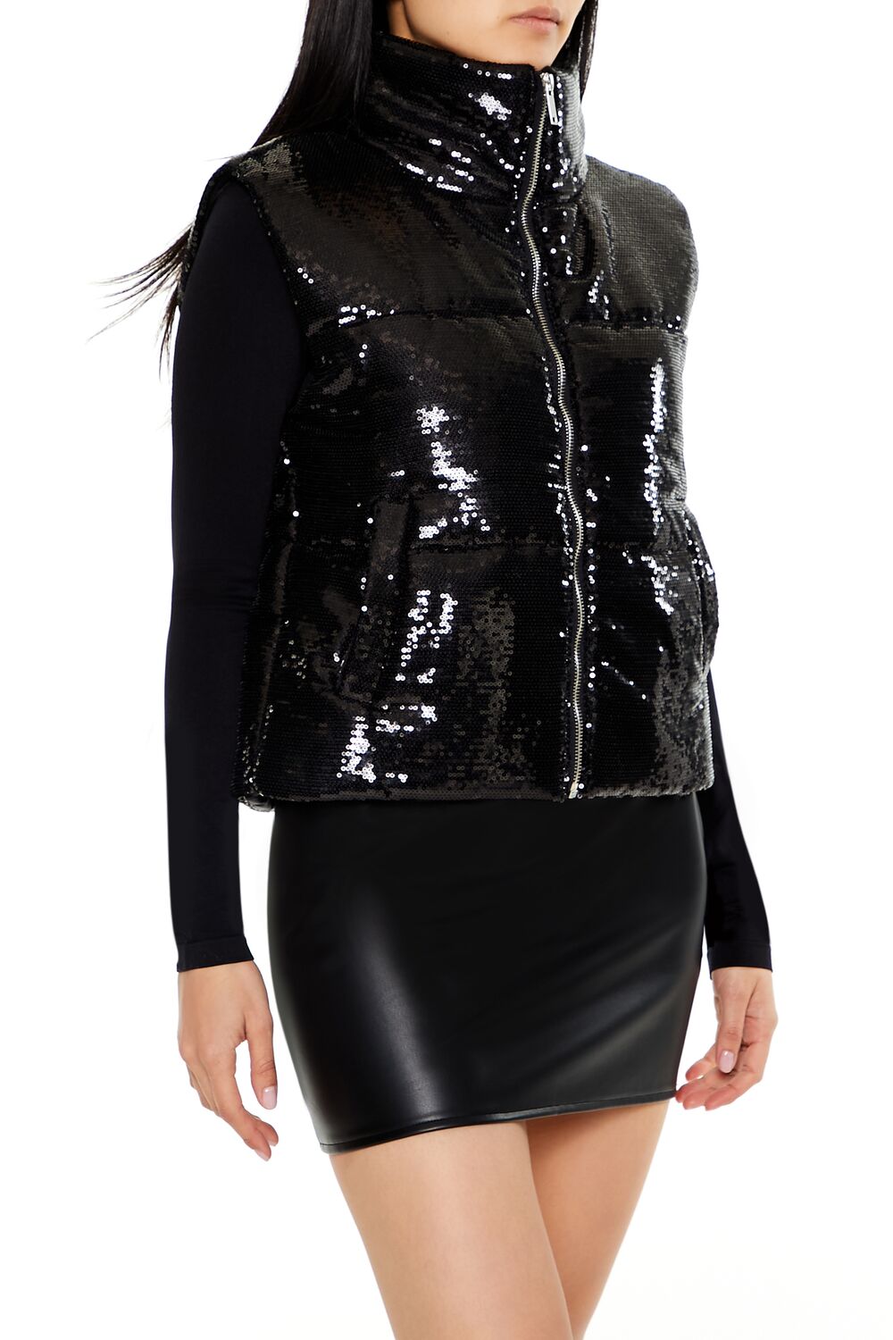 Sequin Quilted Faux Leather Vest