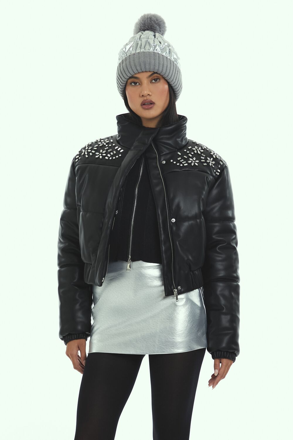 Faux Gem & Leather Puffer Jacket