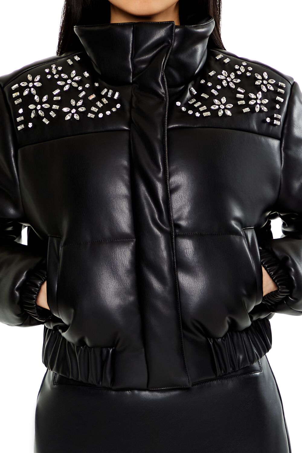 Faux Gem & Leather Puffer Jacket
