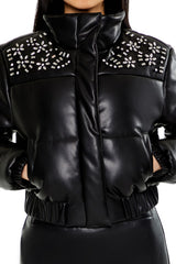 Faux Gem & Leather Puffer Jacket