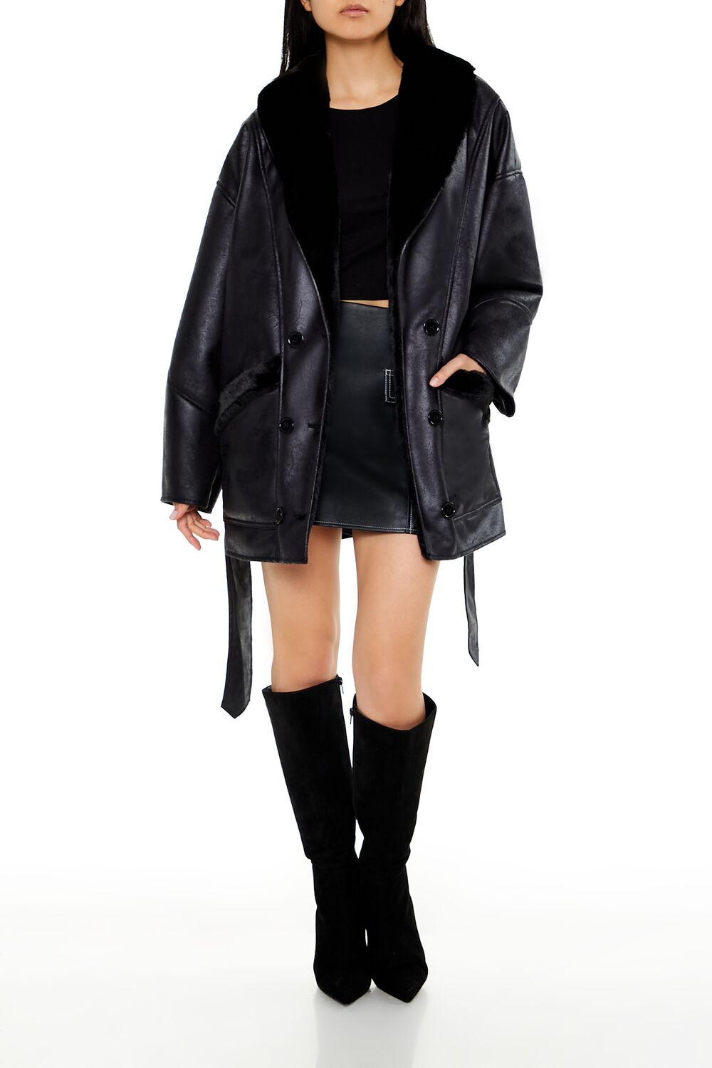 Faux Leather & Fur Trench Coat