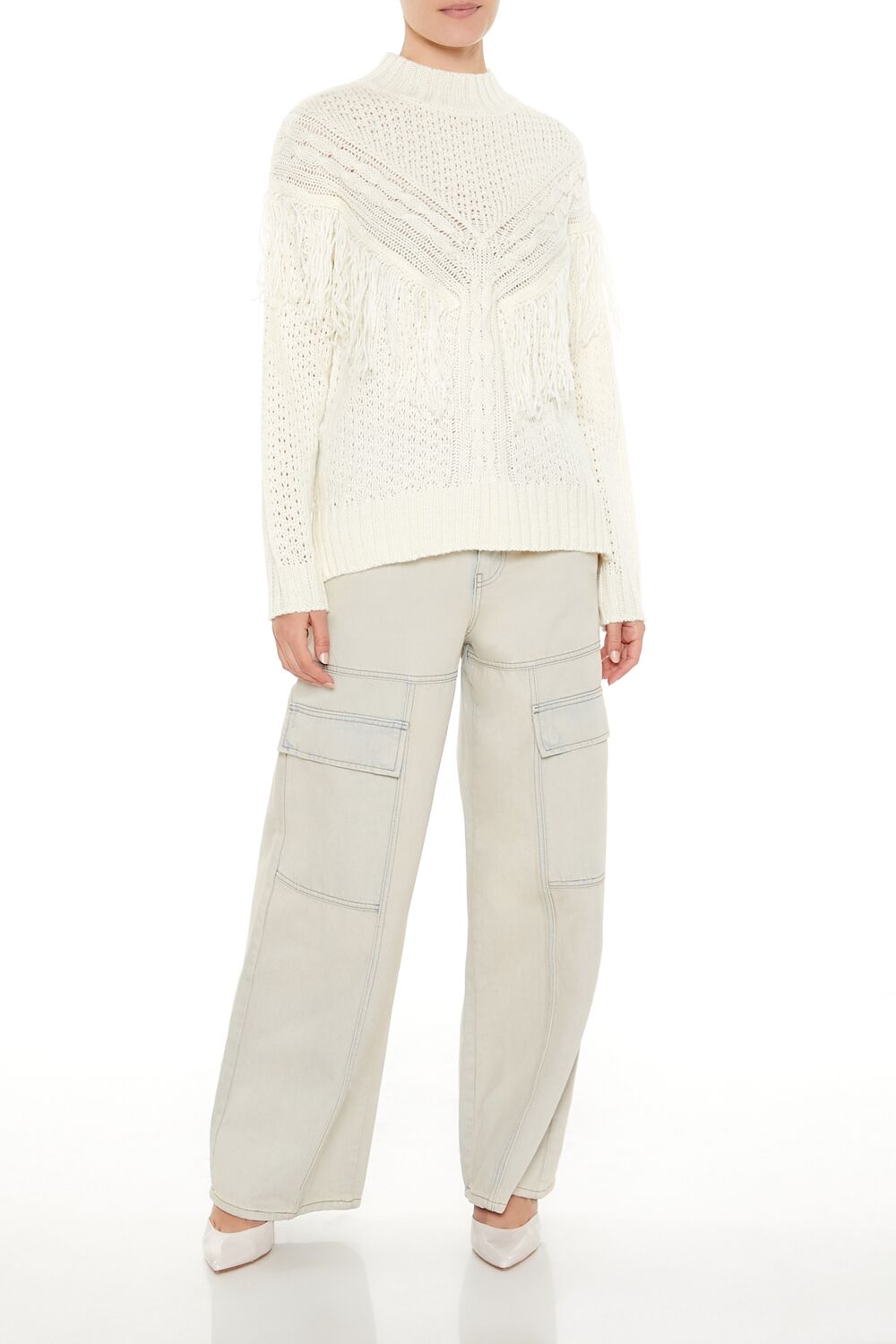 Fringe-Trim Mock Neck Sweater