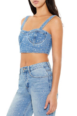 Faux Gem Denim Bustier Crop Top