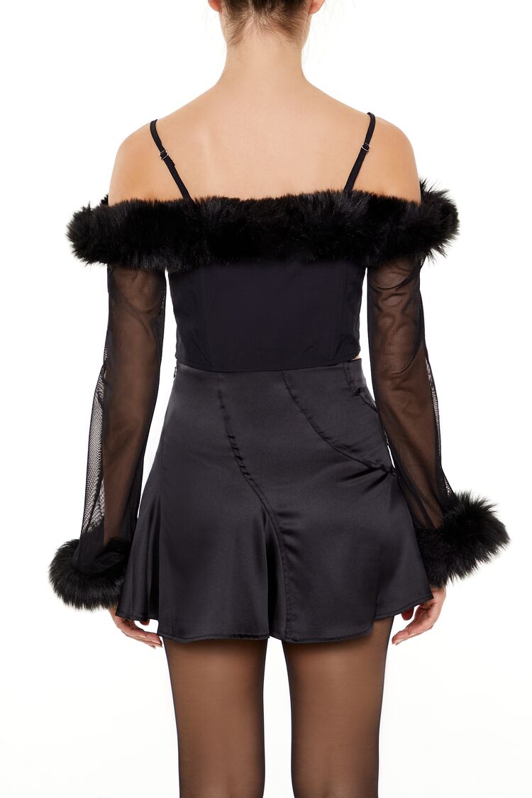 Faux Fur-Trim Open-Shoulder Top